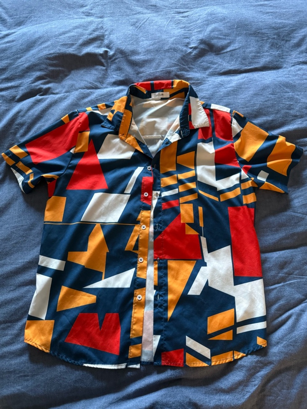 Bold Geometric Print Men’s Short-Sleeve Shirt in Navy, Red & Mustard